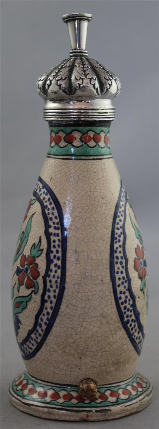 A Turkish pottery silver topped rosewater sprinkler, later 19th / early 20th century, 25cm